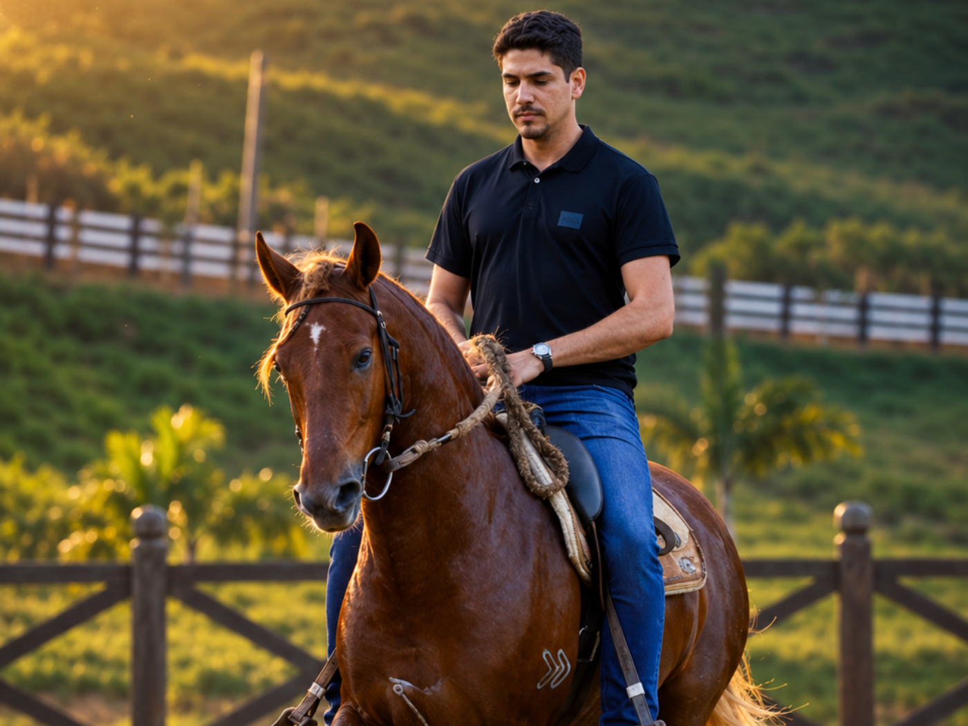 Marcos Filipe montado em cavalo Mangalarga Marchador ao entardecer